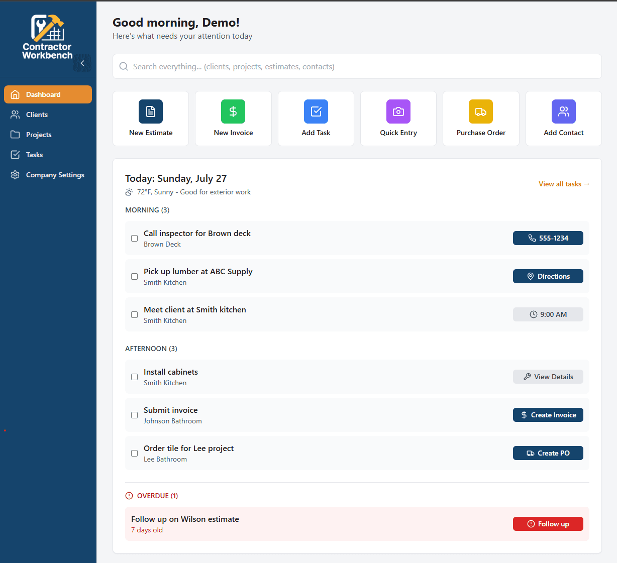 Contractor Workbench Dashboard - Complete overview of your business