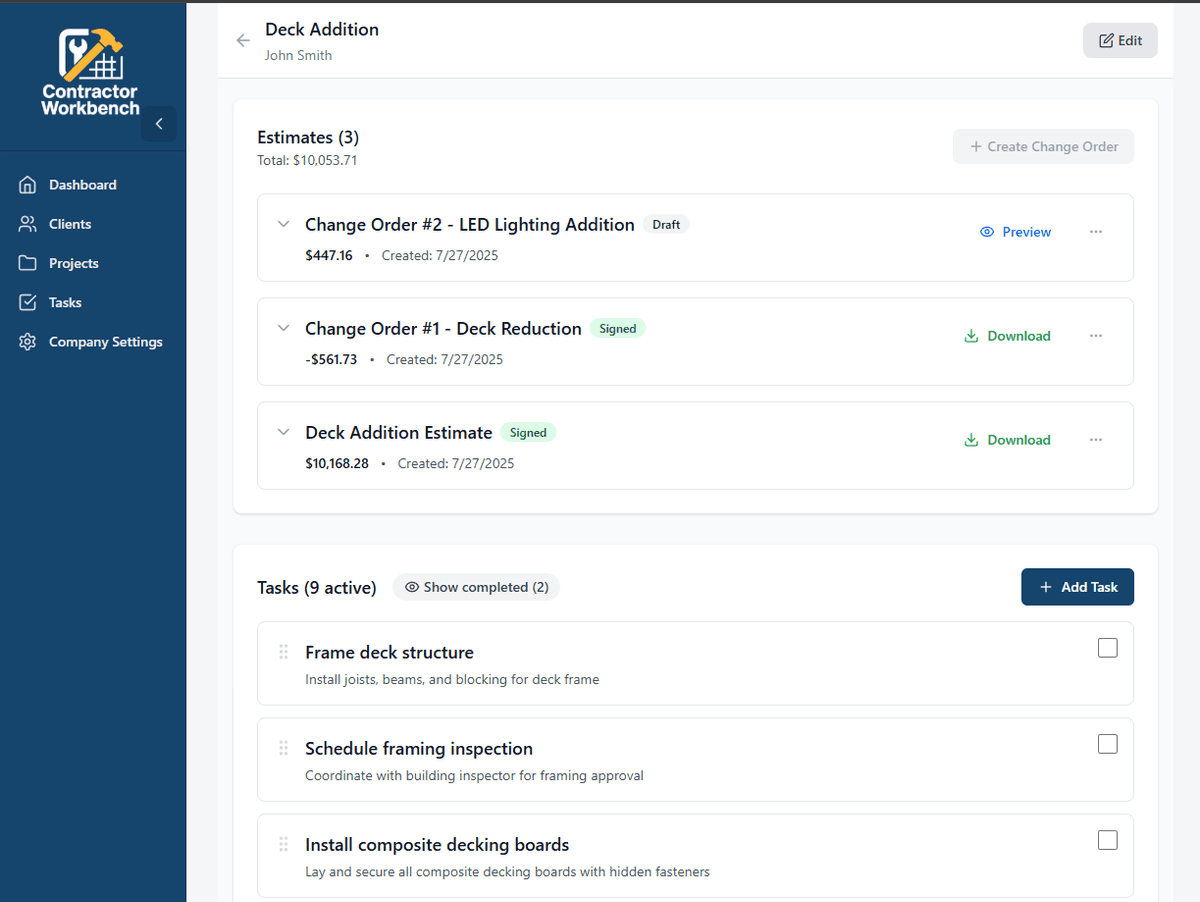 Professional estimates and task management interface