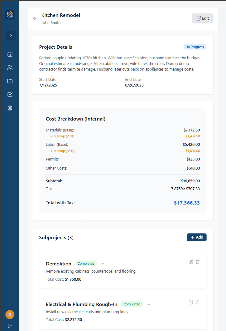 Detailed project management interface on mobile devices