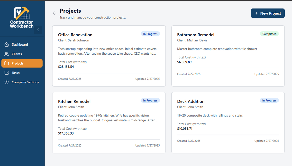 Project management and tracking interface